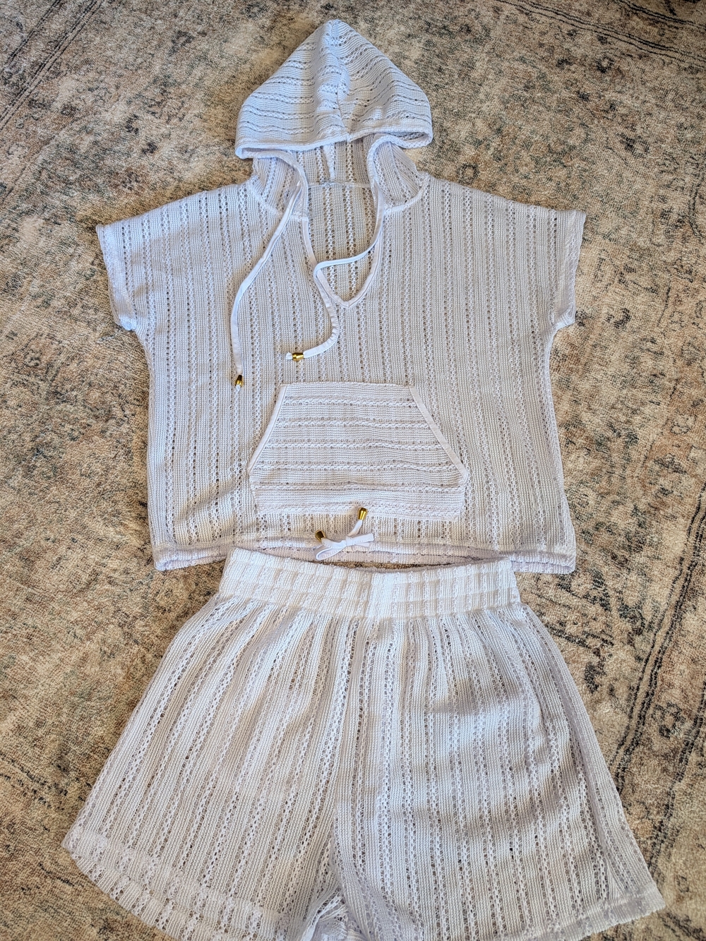 White Hooded Knit Swim Coverup Set - Lightweight Beach Top & Shorts